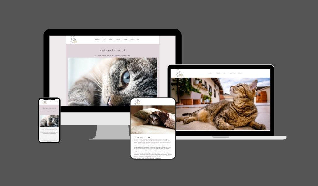 Website Webdesign Homepage Wien. Man sieht das Website Projekt diekatzentrainerin.at auf verschiedenen Bildschirmgrößen