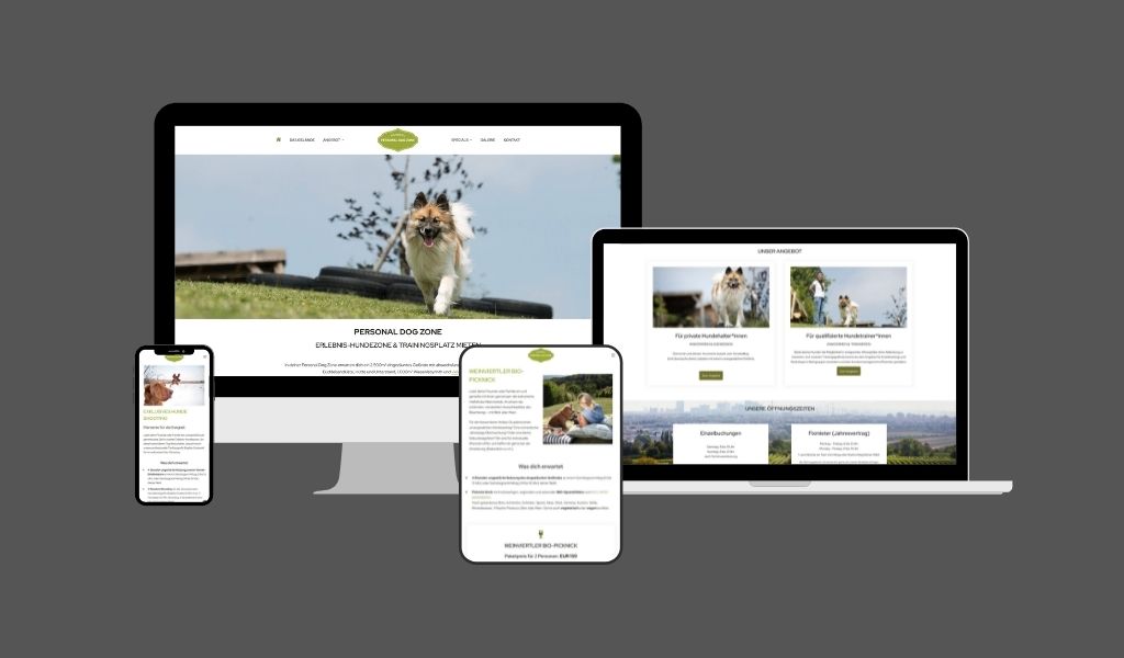 Webdesign Website Wien. Man sieht die website personaldogzone.at auf unterschiedlichen Bildschirmen. Responsive Webdesign. Website mobil optimiert